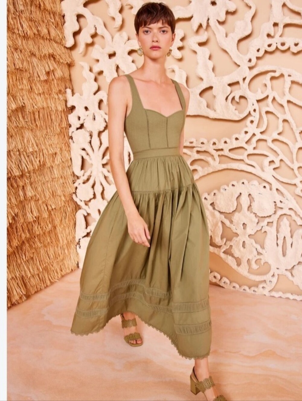 Ulla Johnson elegant sleeveless tiered midi dress in olive green